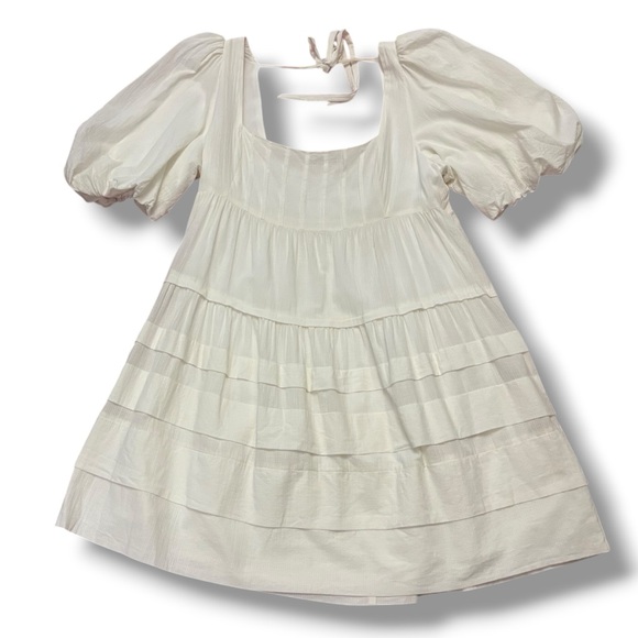 Anthropologie Cream Off-White Square-Neck Puff-Sleeve Tiered Dress – Large - Picture 2 of 10